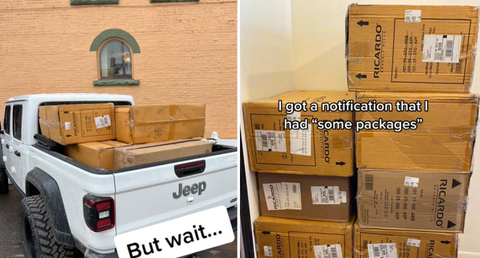 A photo of the cardboard boxes in her Jeep. A photo of them at her Airbnb.