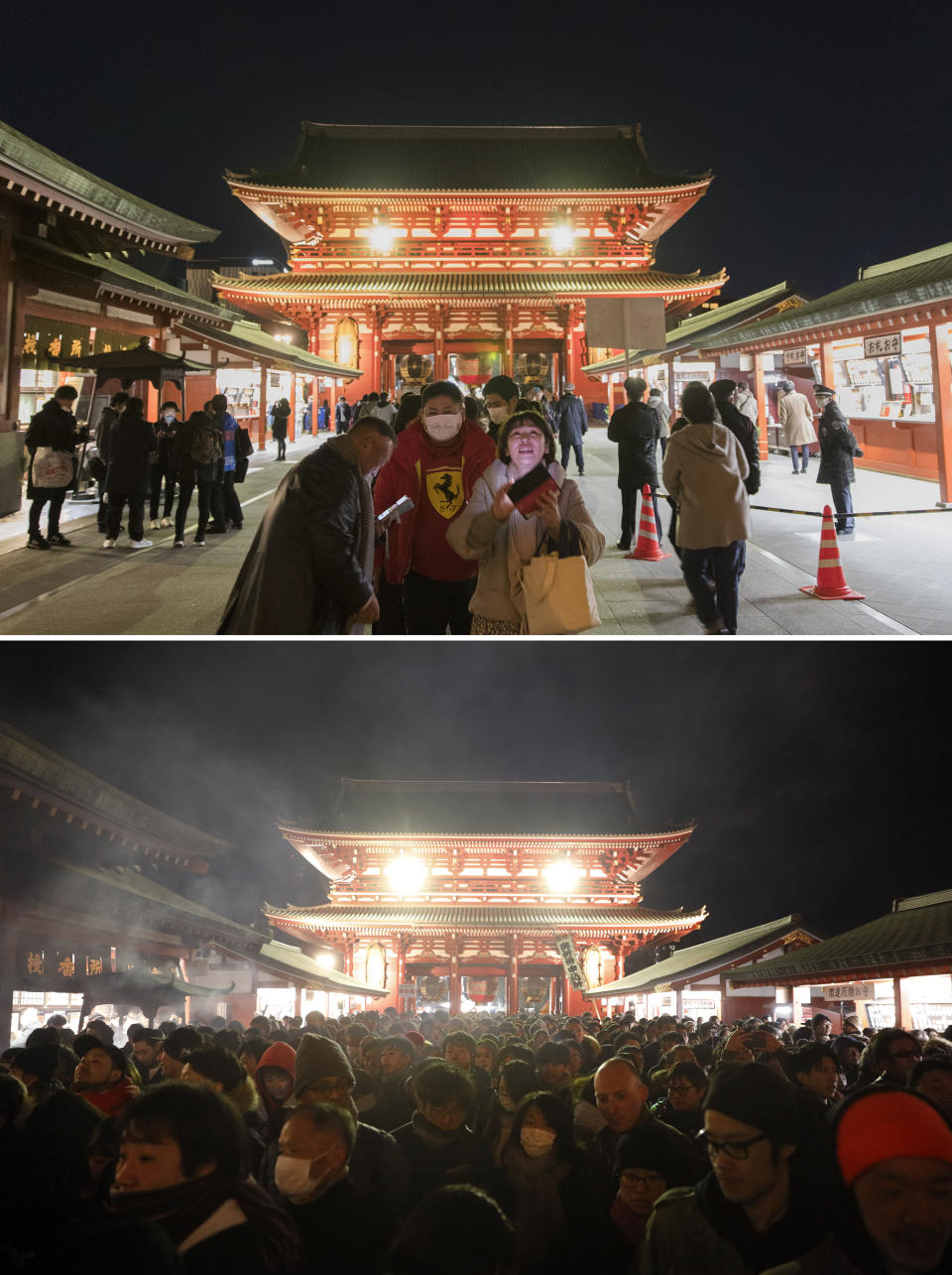 This combination image of photos shows people, top, on Thursday, Dec. 31, 2020, visiting to pray at Sensoji temple in Tokyo a few hours before New Year and the same location, bottom, filled with people waiting in line to pray on Jan. 1 last year. As the world says goodbye to 2020, there will be countdowns and live performances, but no massed jubilant crowds in traditional gathering spots like the Champs Elysees in Paris and New York City's Times Square this New Year's Eve. The virus that ruined 2020 has led to cancelations of most fireworks displays and public events in favor of made-for-TV-only moments in party spots like London and Rio de Janeiro. (AP Photo/Jae C. Hong, Hiro Komae)