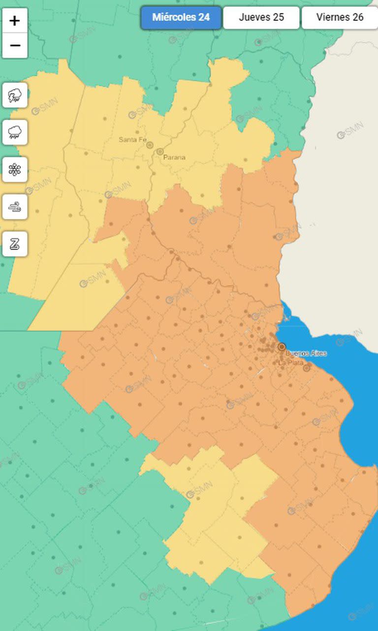 El mapa de alerta naranja difundido por el SMN