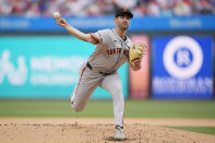 San Francisco Giants' Mason Black pitches during the first inning of a baseball game against the Philadelphia Phillies, Monday, May 6, 2024, in Philadelphia. (AP Photo/Matt Rourke)