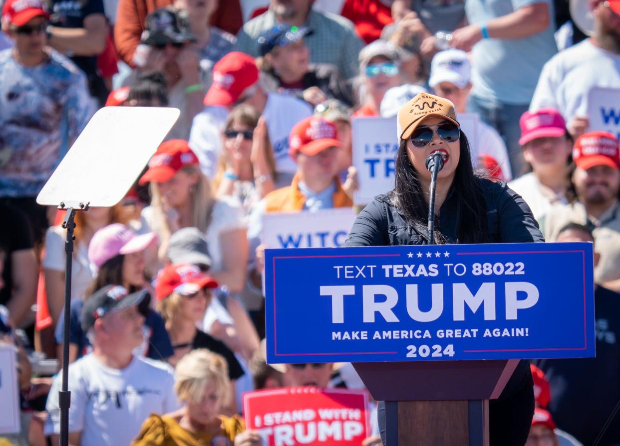 Rep. Mayra Flores, R-Texas, speaks at a rally for Donald Trump in Waco on March 25, 2023.