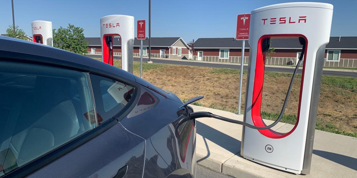 Tesla Model 3 at a Supercharger in Montana