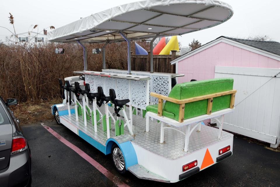 Because party bikes are not legal in Rhode Island, Tom Riley's is permanently parked at his Sea Shell Motel in Misquamicut.