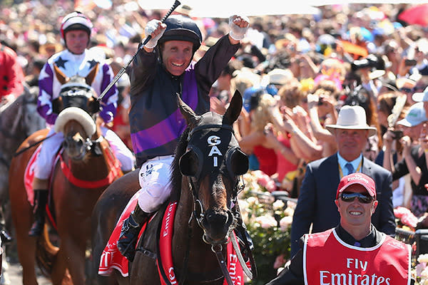 <p>Jockey Damien Oliver celebrates atop Fiorente, after winning the Melbourne Cup. It was his third winning ride in the great event. Fiorente was trained by Gai Waterhouse and was her first winner ever in the Melbourne Cup.</p>