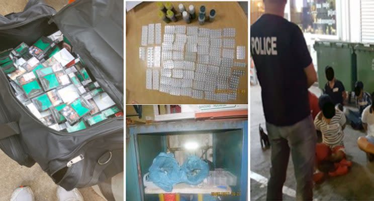 Contraband cigarettes (left) along with cough mixtures and tables (centre) were among the items seized during the three-day operation. (PHOTOS: Singapore Police Force)