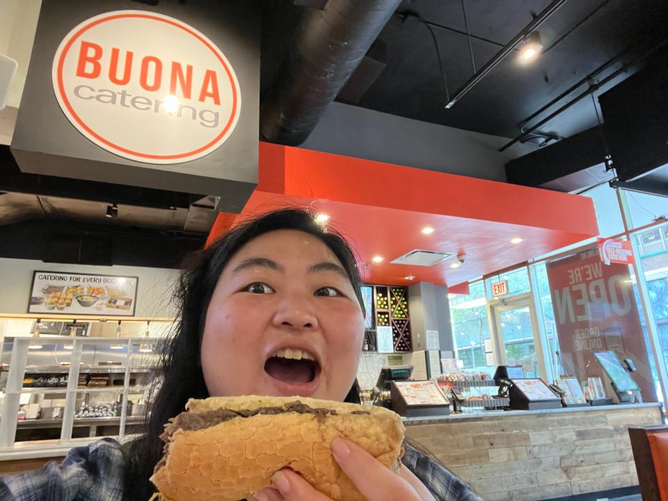 The writer with a Buona sandwich at Buona