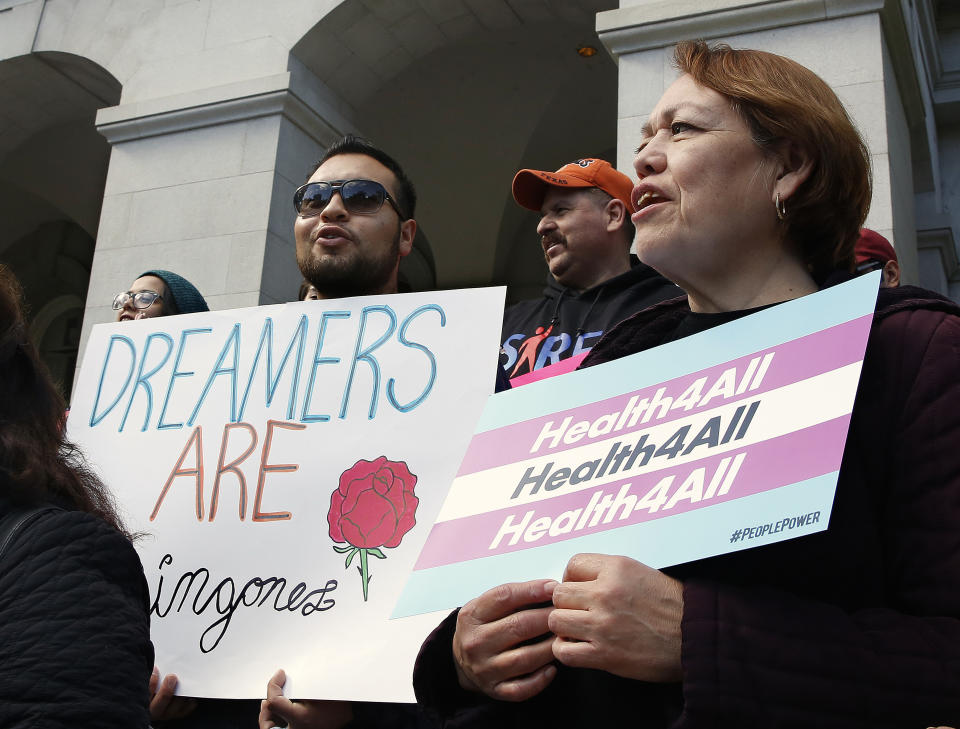 Supporters of proposals to expand California's government-funded health care benefits to undocumented immigrants gathered at the Capitol for the Immigrants Day of Action, Monday, May 20, 2019, in Sacramento, Calif. Gov. Gavin Newsom has proposed offering government-funded health care benefits to immigrant adults ages 19 to 25 who are living in the country illegally. State Sen. Maria Elena Durazo, D-Los Angeles, has proposed a bill to expand that further to include seniors age 65 and older. (AP Photo/Rich Pedroncelli)