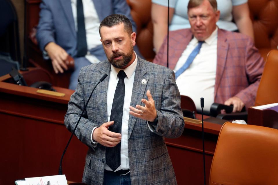 Rep. Casey Snider, R-Paradise, talks about HB1003 Firefighter Death Benefit Amendments, which he is sponsoring, during the first special legislative session of 2023 in the House chamber at the Capitol in Salt Lake City on Wednesday, May 17, 2023. | Kristin Murphy, Deseret News