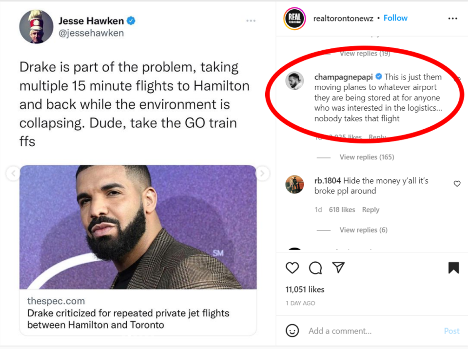 Drake responds to backlash over private jet flights between Toronto and Hamilton (Instagram @RealTorontoNewz)