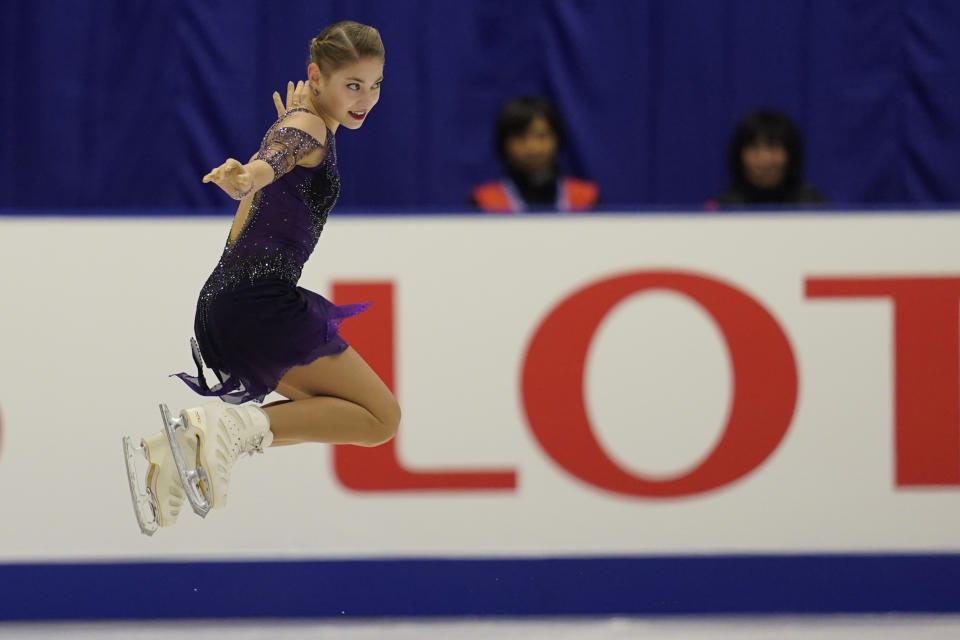 Alena Kostornaia of Russia performs in the ladies free skating program during the ISU Grand Prix of Figure Skating in Sapporo, northern Japan, Saturday, Nov. 23, 2019. (AP Photo/Toru Hanai)