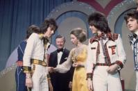 <p>Princess Anne greets the Bay City Rollers at the Lyceum Ballroom.</p>