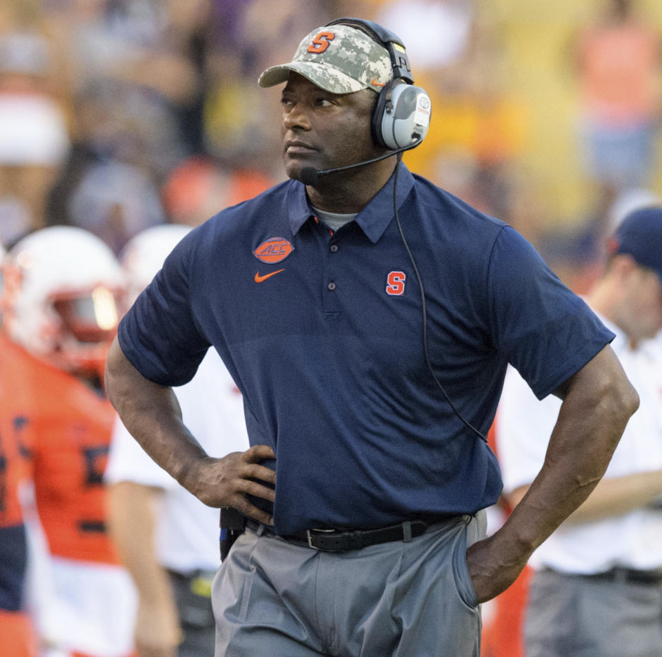 Syracuse head coach Dino Babers walks the sidelines during a game against LSU. (AP Photo)