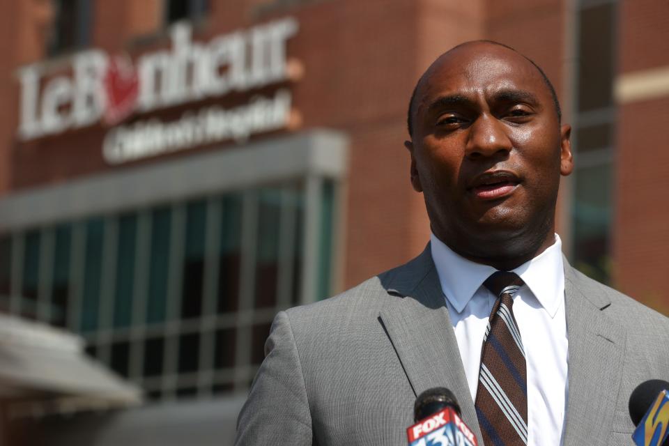 Shelby County Mayor Lee Harris speaks to reporters during a press conference dealing with pediatric cases of COVID-19 at Le Bonheur Children's Hospital on Friday, Aug 13, 2021. 