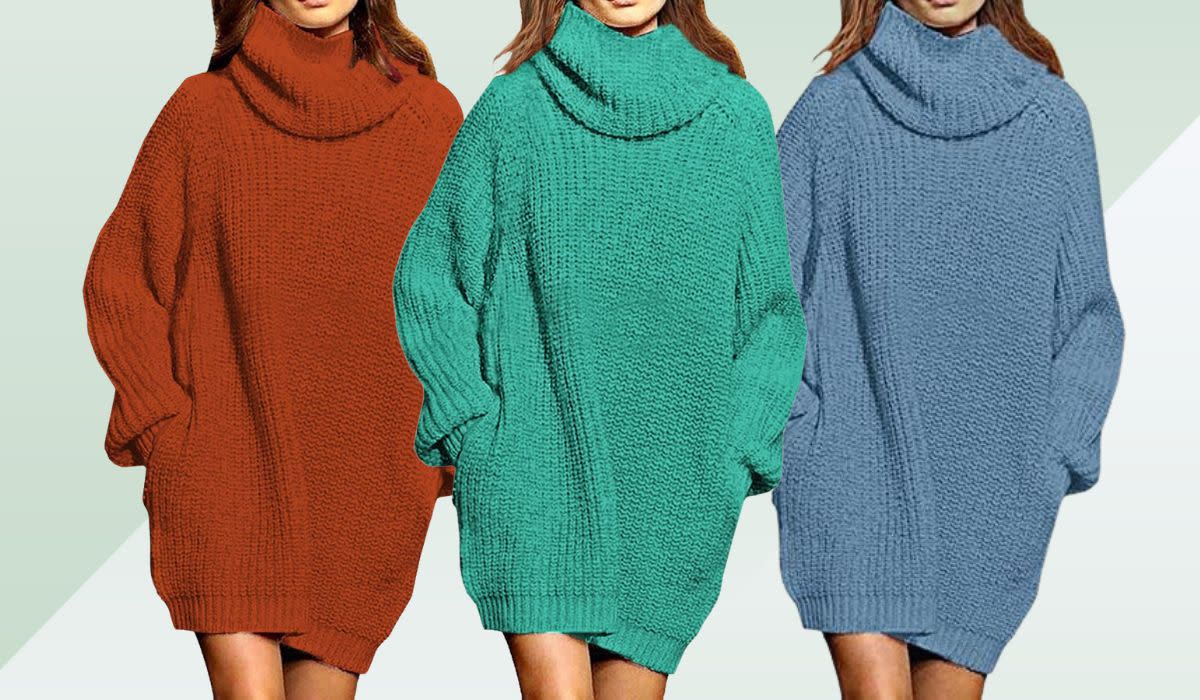 models wearing three different colored oversized sweaters