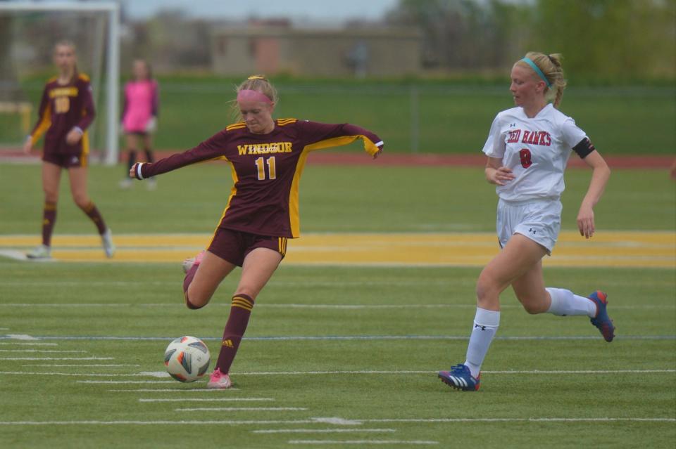 Windsor soccer player Hanna McKay shoots during a Class 4A playoff game against Montrose on May 13, 2023. Windsor won 2-1 to advance to the quarterfinals.