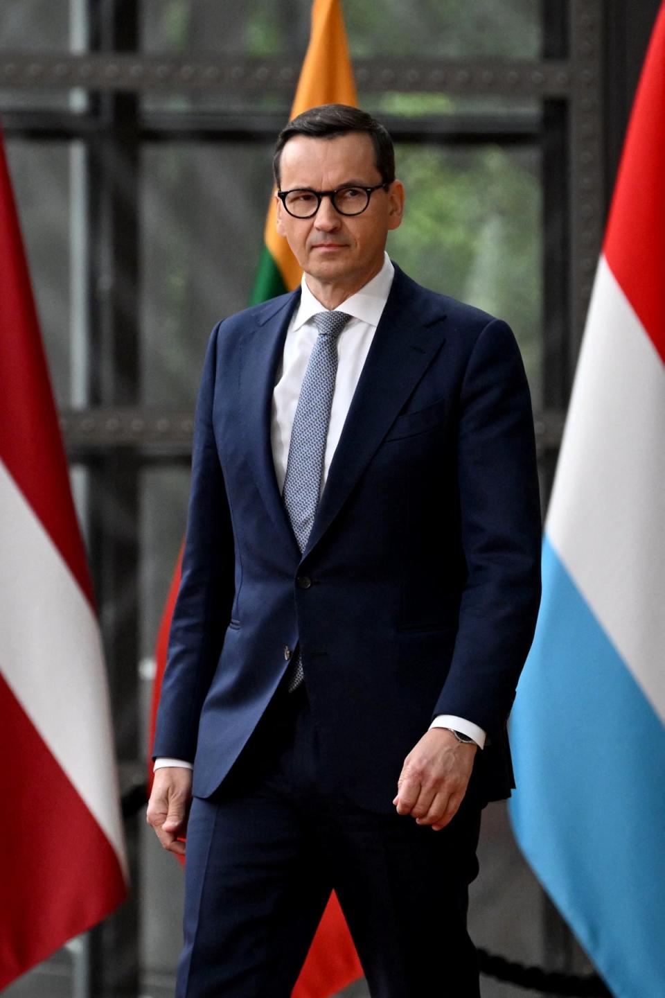 Poland's Prime Minister Mateusz Morawiecki arrives for the plenary session of a summit of the European Union and the Community of Latin American and Caribbean States (EU-CELAC) at The European Council Building in Brussels on July 18, 2023. (AFP via Getty Images)