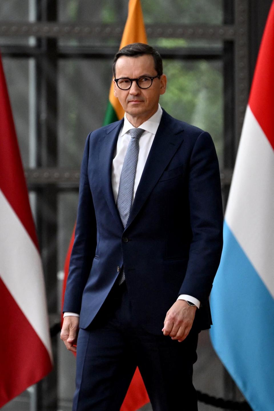 Polens Premierminister Mateusz Morawiecki trifft am 18. Juli 2023 zur Plenarsitzung eines Gipfeltreffens der Europäischen Union und der Gemeinschaft Lateinamerikanischer und Karibischer Staaten (EU-CELAC) im Gebäude des Europäischen Rates in Brüssel ein. (AFP über Getty Images)