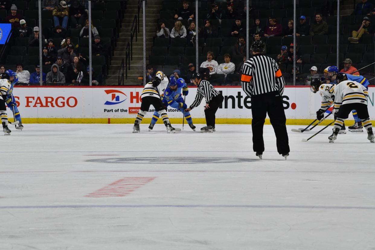 The teams face off during St. Cloud Cathedral's game against Warroad on Wednesday