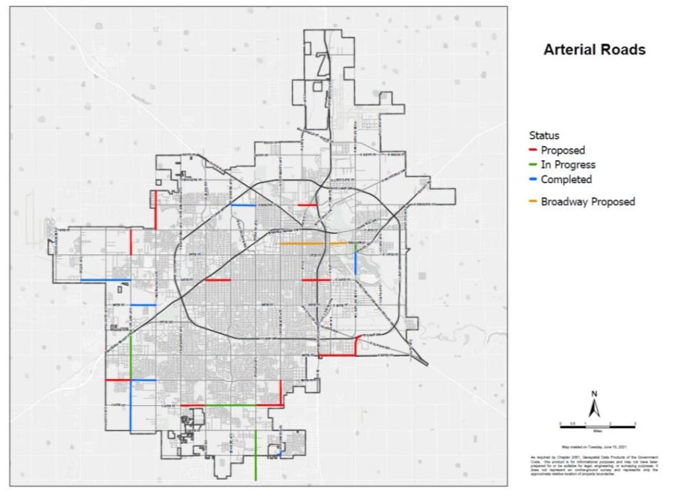 Red lines show the proposed street projects in the city's $174.5 million bond election that was rejected by voters last November.