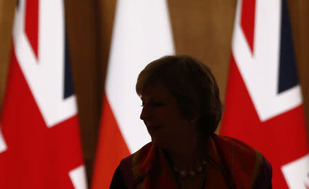 Britain's Prime Minister Theresa May arrives for a news conference with her Polish counterpart Beata Szydlo in10 Downing Street in central London, Britain November 28, 2016. REUTERS/Peter Nicholls