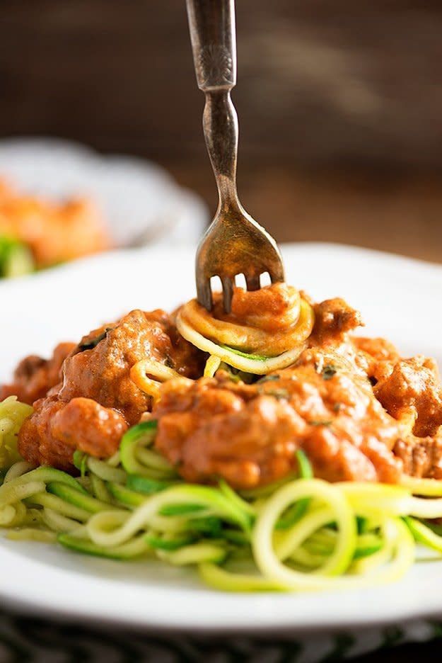 <strong>Get the <a href="https://www.bunsinmyoven.com/low-carb-cream-cheese-zucchini-spaghetti/">Cream Cheese Zucchini Spaghetti</a> recipe from Buns In My Oven.</strong>