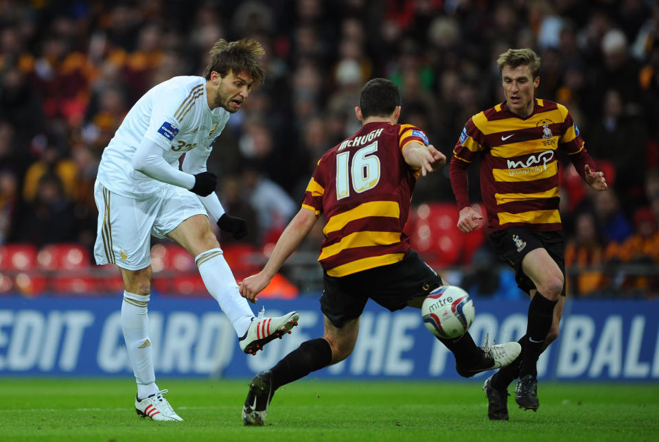 Michu takes a strike in the 5-0 hammering of Bradford in the 2013 Wembley final.