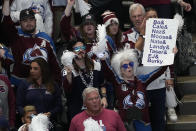Colorado Avalanche fans watch during the second period in Game 2 of the team's NHL hockey Stanley Cup Final against the Tampa Bay Lightning, Saturday, June 18, 2022, in Denver. (AP Photo/David Zalubowski)