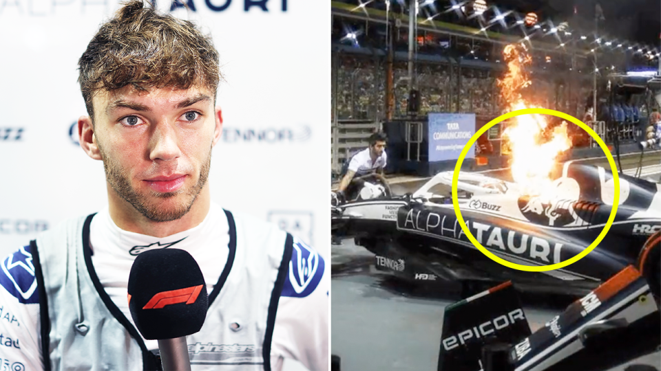 Pierre Gasly (pictured left) jumped out of his AlphaTauri (picture right) as it caught on flames, which saw rival team Aston Martin also rush to help him during the Singapore GP. (Images: Getty Images/Autosport)