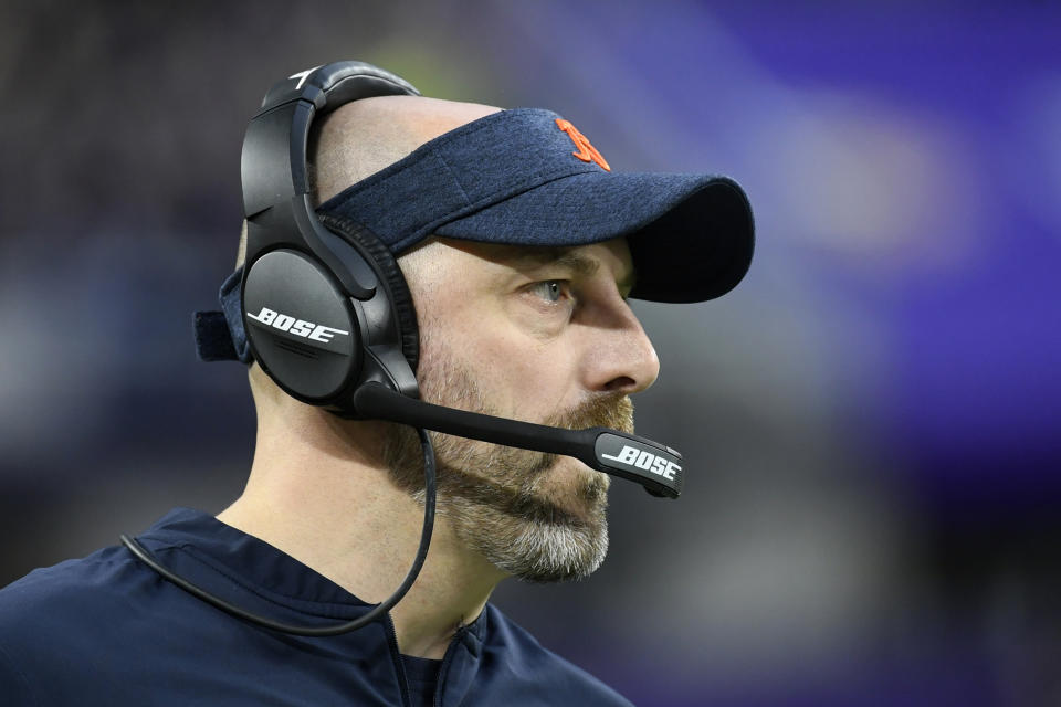 Chicago Bears head coach Matt Nagy watches from the sideline during the first half of an NFL football game against the Minnesota Vikings, Sunday, Dec. 29, 2019, in Minneapolis. (AP Photo/Craig Lassig)