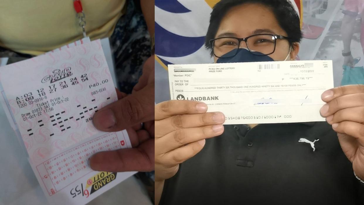 A bettor shows her winning ticket in the 6/55 Grand Lotto draw as another displays a check that she received from the Philippine Charity Sweepstakes Office (PCSO). (Photos: Philippine Charity Sweepstakes Office/Facebook)