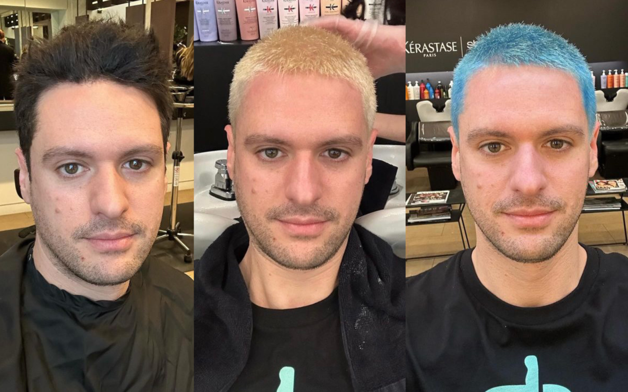 Figo customer Josh Laker models the before, during and after of his transformation to a Detroit Lions blue-hair at Figo Salon in Birmingham.