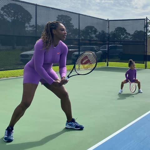 <p>The tennis star is back in the gym, <a href="https://www.instagram.com/p/CCZcxImnfVW/" rel="nofollow noopener" target="_blank" data-ylk="slk:showing off her quick feet in a TikTok video;elm:context_link;itc:0;sec:content-canvas" class="link ">showing off her quick feet in a TikTok video</a>. She captioned the clip, "Did someone say tennis?" </p> <p>The mom also posted a sweet series of photos of daughter Olympia playing a doubles set with her. Now <em>that </em>is an adorable way to work out. </p>