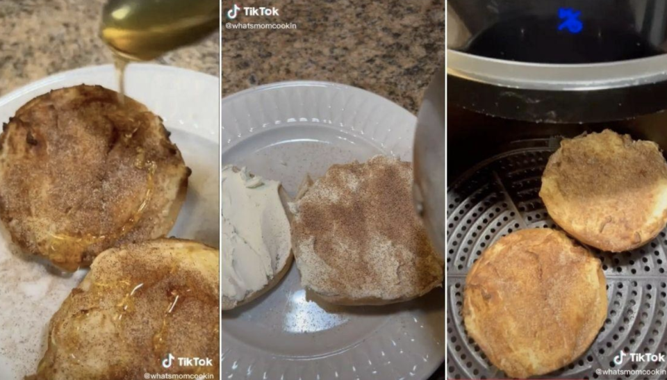 Three images of an air-fried cinnamon bagel being poured with sweet sauce, spread with cream cheese and cinnamon and then removed from the air fryer.. 