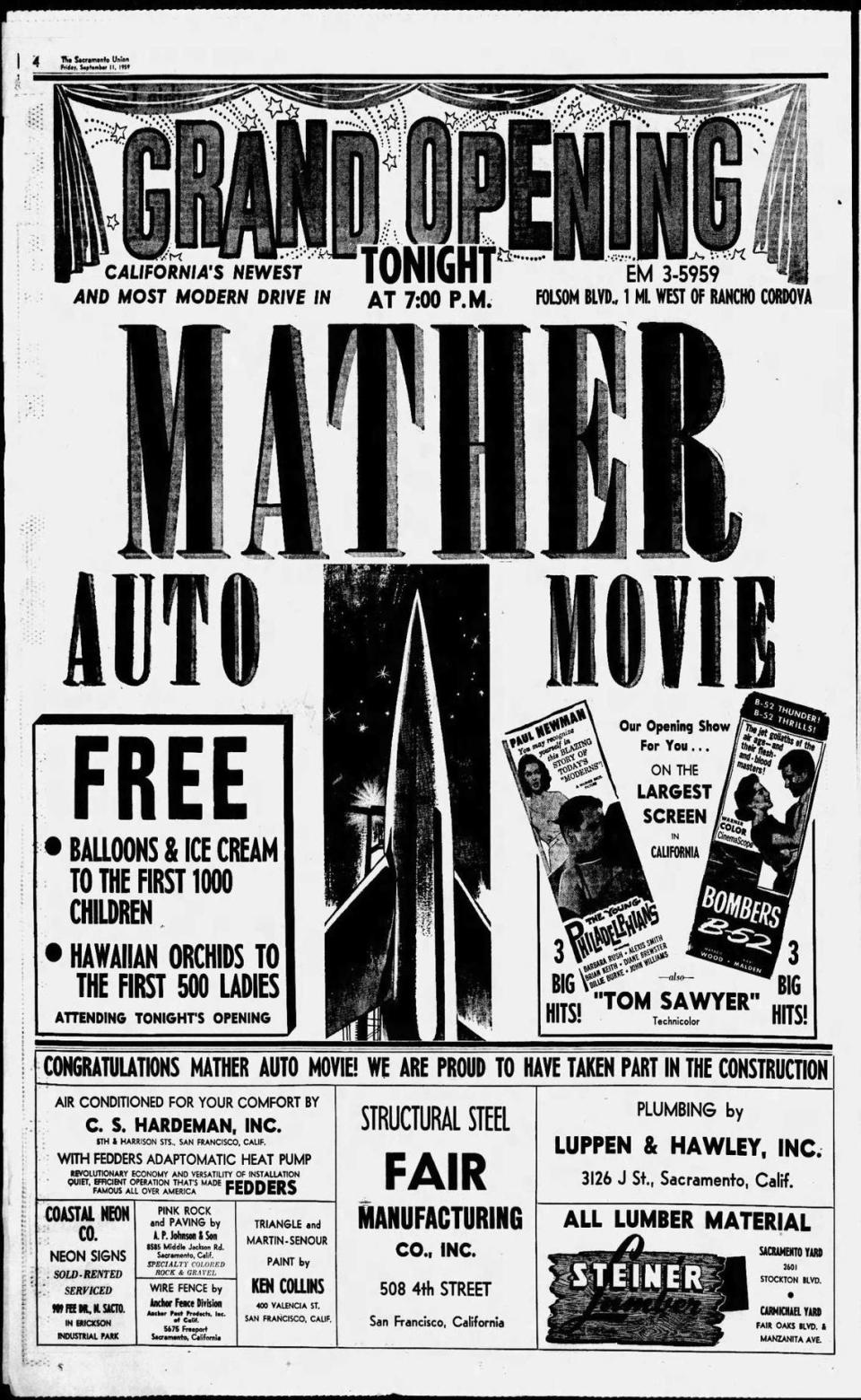 An advertisement for the new Mather Auto Movie appears in a Sept. 11, 1959, edition of The Sacramento Union.