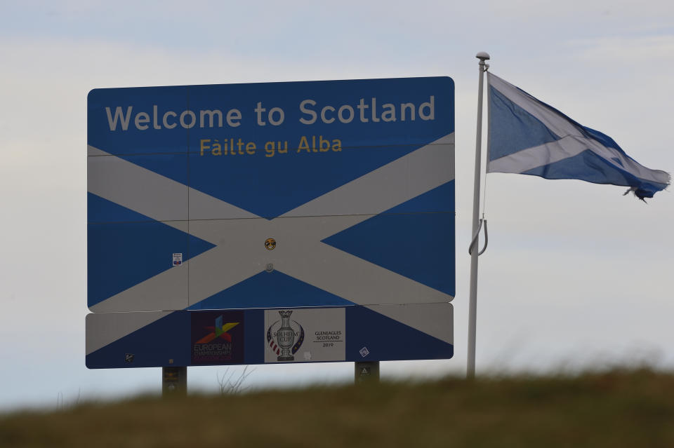 A general view of the border between England and Scotland at Carter Bar, Northumberland UK on May 12, 2020 during the lockdown imposed because of the COVID-19 Pandemic.  (Photo by Tom Collins/MI News/NurPhoto via Getty Images)