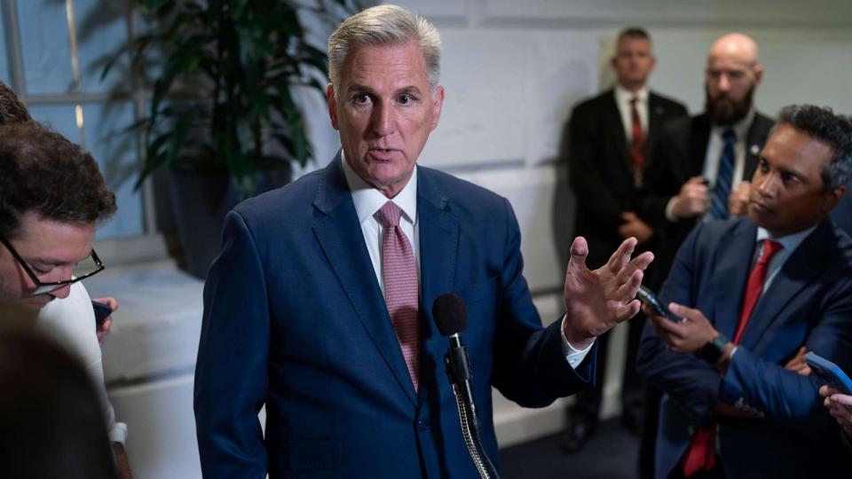 PHOTO: Speaker of the House McCarthy, R-Calif., talks to reporters about avoiding a government shutdown and launching an impeachment inquiry into President Biden, following a closed-door meeting with fellow Republicans at the Capitol, Sept. 14, 2023. (J. Scott Applewhite/AP)