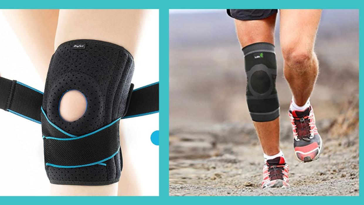 best knee brace two photos side by side of people wearing knee braces, surrounded by a blue border