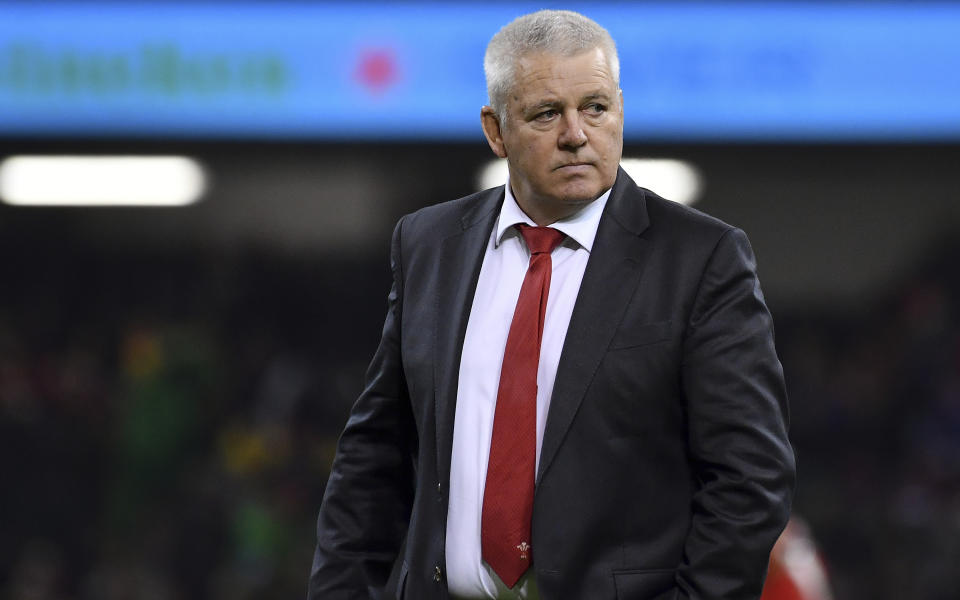 FILE- Wales head coach Warren Gatland before the Six Nations rugby union international match between Wales and France at the Principality Stadium in Cardiff, Wales, Sunday, March 10, 2024. Wales coach Warren Gatland says he had no intention of upsetting hooker Sam Parry, who quit the rugby squad this week for reportedly feeling “disrespected.” (AP Photo/Rui Vieira, File)