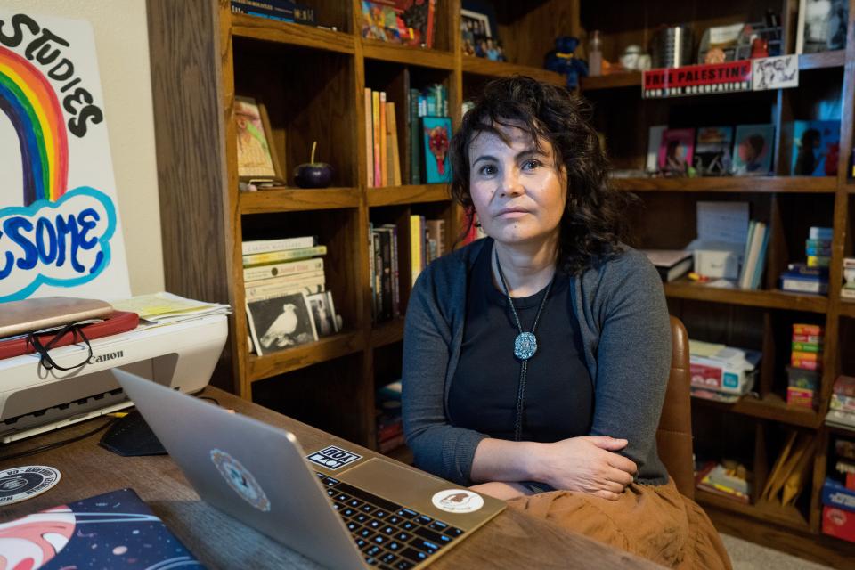 Dulcinea Lara, a professor at New Mexico State University, at her home office in Las Cruces. The proposed New Mexico social studies standards come after decades of educational inequity, she says.