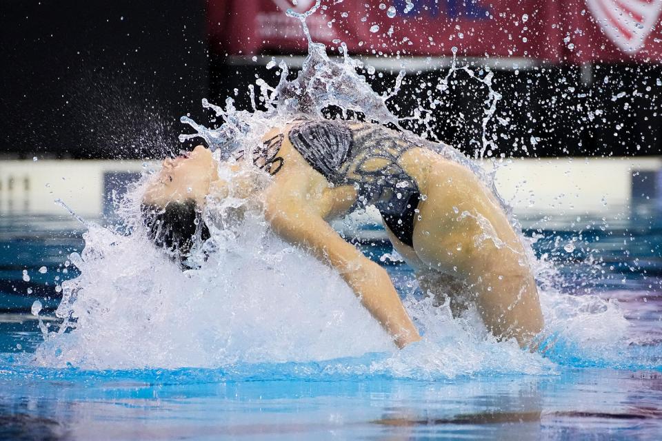 Ohio State Buckeyes Emily Armstrong and Ruby Remati perform their final duet routine during the U.S. Collegiate Championship for artistic swimming at Ohio State's McCorkle Aquatics Pavilion on March 27, 2022. 