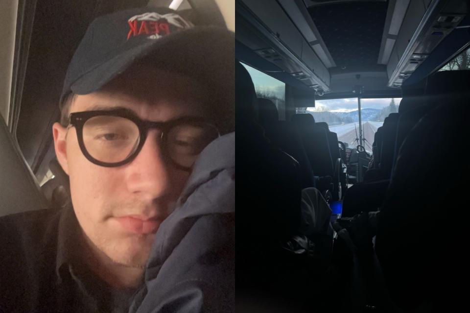 Lukas Flippo on greyhound bus selfie (left), interior of bus (right)