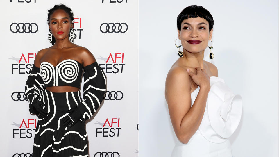 A collage of Janelle Monae and Rosario Dawson wearing Mara Hoffman on the red carpet