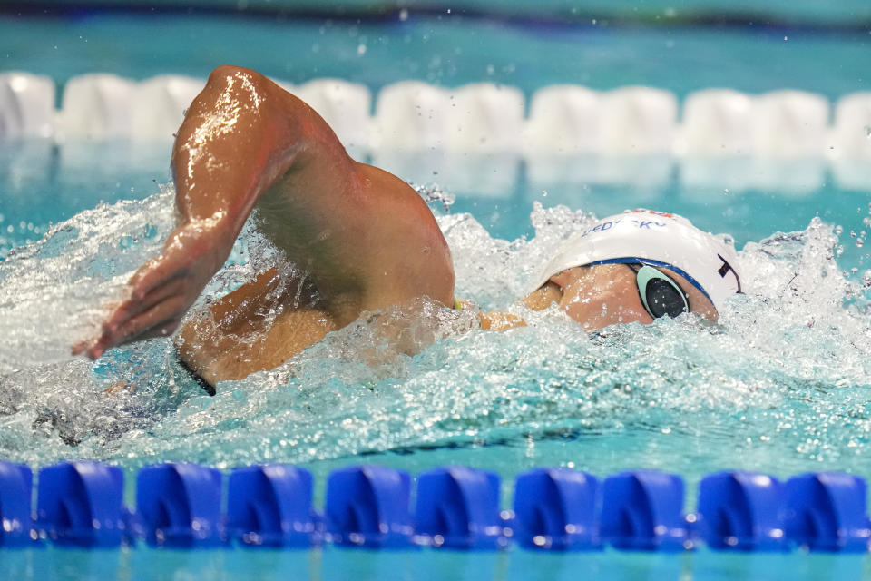Katie Ledecky swims her way to winning the women's 800-meter freestyle at the U.S. national championships swimming meet in Indianapolis, Tuesday, June 27, 2023. (AP Photo/Michael Conroy)