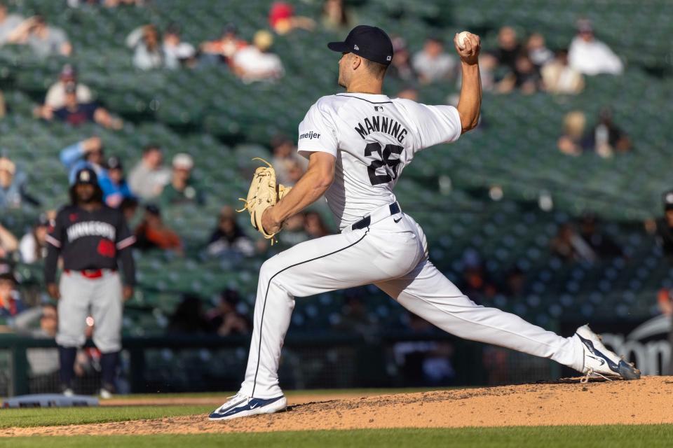 Detroit Tigers starting pitcher Matt Manning throws in the sixth inning against the Minnesota Twins during game two of a doubleheader at Comerica Park on April 13, 2024, in Detroit, Michigan.