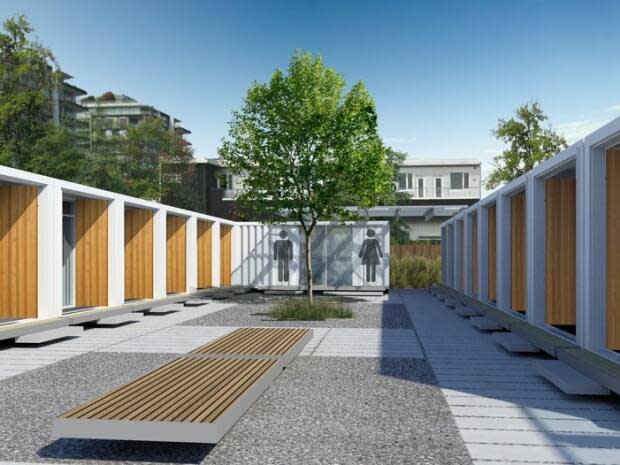 An image of the proposed tiny home project designed by Aryze Developments. The plan is to have 30 units of housing made out of 15 shipping containers, with staff on site 24/7 to help those experiencing homeless ultimately move into permanent housing. (Aryze Developments/www.canadahelps.org - image credit)