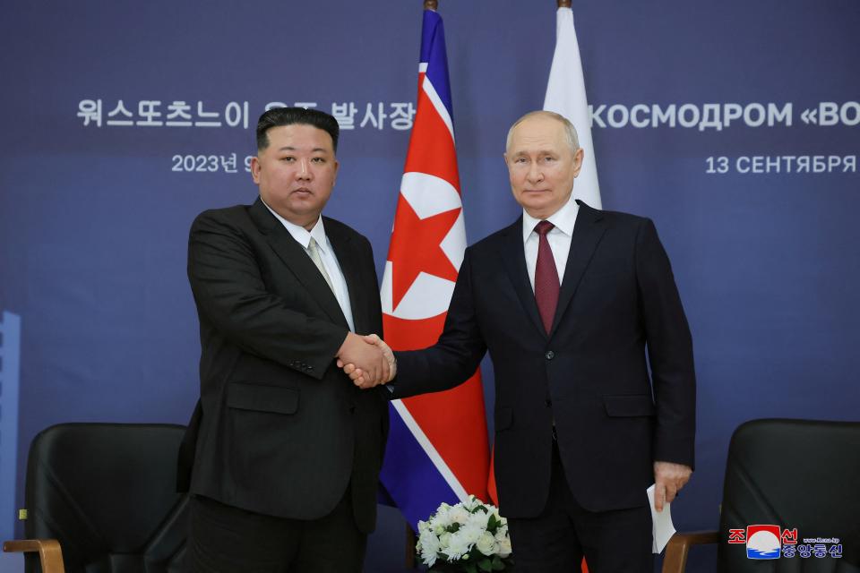 Russia’s President Vladimir Putin and North Korea’s leader Kim Jong Un attend a meeting at the Vostochny Cosmodrome (via REUTERS)