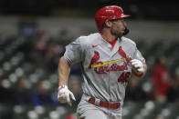 St. Louis Cardinals' Paul Goldschmidt watches his two-run home run during the 11th inning of the team's baseball game against the Milwaukee Brewers on Tuesday, May 11, 2021, in Milwaukee. (AP Photo/Aaron Gash)