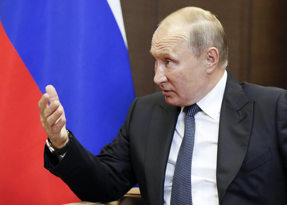 Russian President Vladimir Putin speaks during his meeting with Israeli Prime Minister Benjamin Netanyahu in Sochi, Russia, Thursday Sept. 12, 2019. (Shamil Zhumatov/Pool Photo via AP)