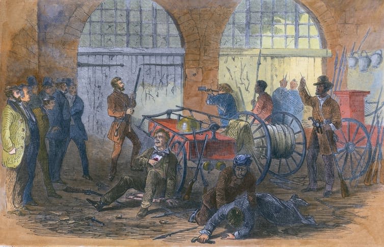 <span class="caption">John Brown and others inside the engine house of the Harper’s Ferry Armory just before the US Marines ram through the door.</span> <span class="attribution"><a class="link " href="https://www.shutterstock.com/image-illustration/john-brown-others-inside-engine-house-237231835?src=RBbODGEccpQz9Kes3g7XRg-1-5" rel="nofollow noopener" target="_blank" data-ylk="slk:Shutterstock;elm:context_link;itc:0;sec:content-canvas">Shutterstock</a></span>