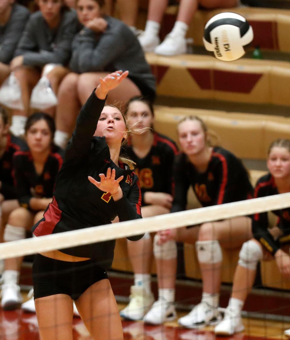 McCutcheon Mavericks outside hitter Isabella Humphrey (7) hits the ball during the IHSAA girls volleyball match against the Western Boone Stars, Tuesday, Sept. 13, 2022, at McCutcheon High School in Lafayette, Ind. 